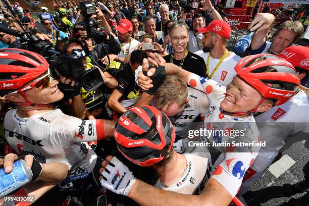 Arrival / John Degenkolb of Germany and Team Trek Segafredo / Jasper Stuyven of Belgium and Team Trek Segafredo / Toms Skujins of Latvia and Team...