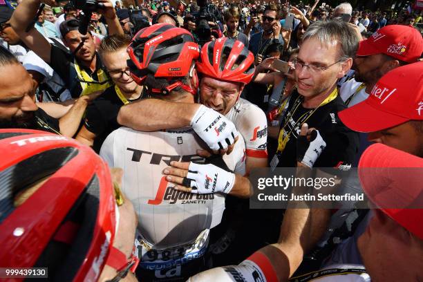 Arrival / John Degenkolb of Germany and Team Trek Segafredo / Jasper Stuyven of Belgium and Team Trek Segafredo / Celebration / during the 105th Tour...