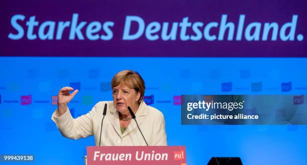 German Chancellor Angela Merkel speaks at the Day of Federal Delegates of the Women's Union in Braunschweig, Germany, 26 August 2017. Photo: Peter...