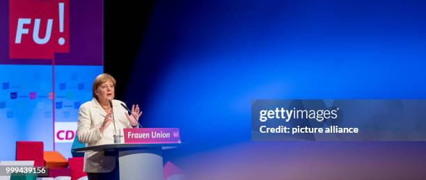 German Chancellor Angela Merkel speaks at the Day of Federal Delegates of the Women's Union in Braunschweig, Germany, 26 August 2017. Photo: Peter...