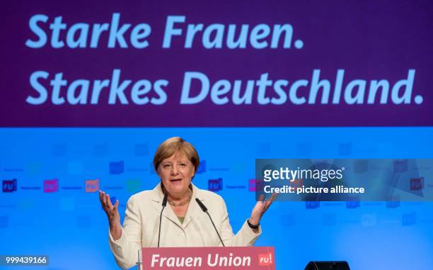 German Chancellor Angela Merkel speaks at the Day of Federal Delegates of the Women's Union in Braunschweig, Germany, 26 August 2017. Photo: Peter...