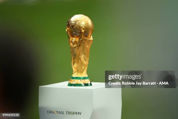 General View of The FIFA World Cup trophy prior to the 2018 FIFA World Cup Russia Final between France and Croatia at Luzhniki Stadium on July 15,...