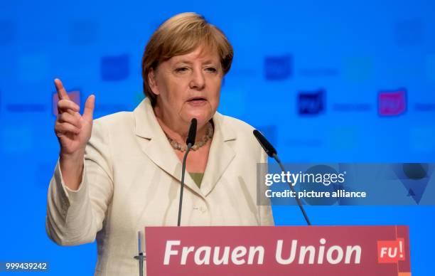 German Chancellor Angela Merkel speaks at the Day of Federal Delegates of the Women's Union in Braunschweig, Germany, 26 August 2017. Photo: Peter...