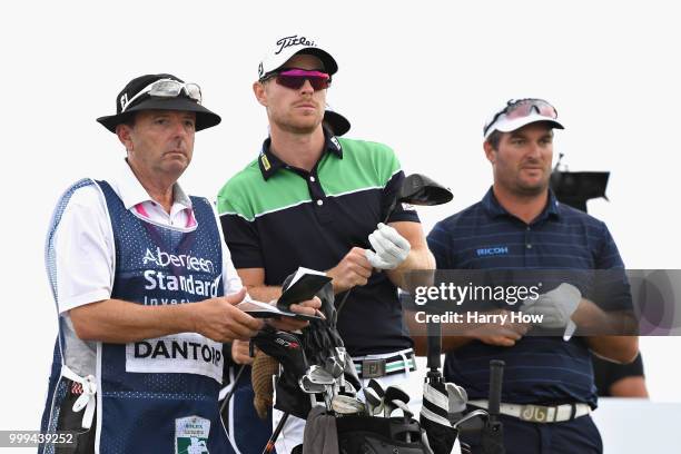 Jens Dantorp of Sweden looks on, at the tee on hole two during day four of the Aberdeen Standard Investments Scottish Open at Gullane Golf Course on...