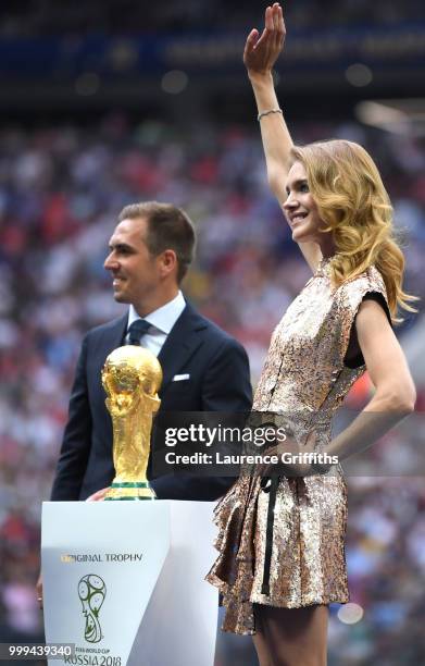 Russian model Natalia Vodianova and Former football player Philippe Lahm are seen during closing ceremony prior to the 2018 FIFA World Cup Final...