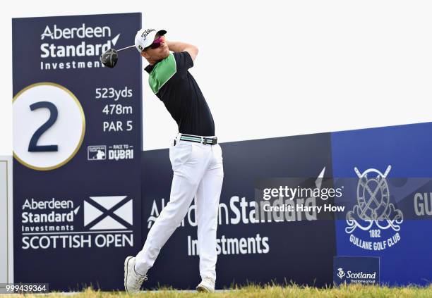 Jens Dantorp of Sweden takes his tee shot on hole two during day four of the Aberdeen Standard Investments Scottish Open at Gullane Golf Course on...