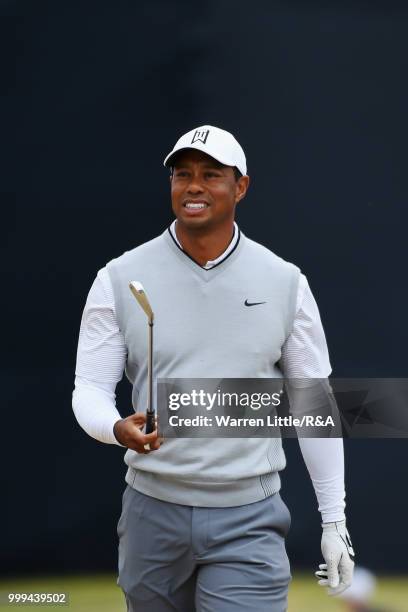 Tiger Woods of the United States seen on the 1st hole while practicing during previews to the 147th Open Championship at Carnoustie Golf Club on July...