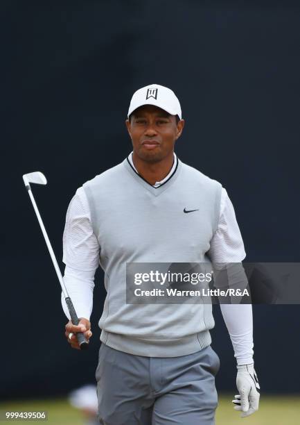 Tiger Woods of the United States seen on the 1st hole while practicing during previews to the 147th Open Championship at Carnoustie Golf Club on July...