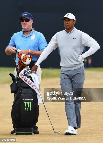 Tiger Woods of the United States seen on the 1st hole while practicing during previews to the 147th Open Championship at Carnoustie Golf Club on July...