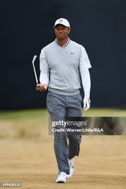 Tiger Woods of the United States seen on the 1st hole while practicing during previews to the 147th Open Championship at Carnoustie Golf Club on July...