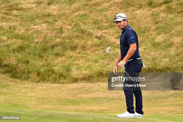 Ryan Fox of New Zealand reacts to a missed birdie putt on hole one during day four of the Aberdeen Standard Investments Scottish Open at Gullane Golf...