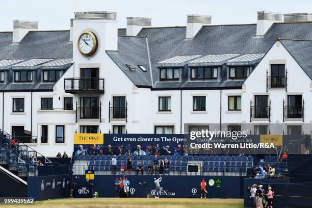 Tiger Woods of the United States tees off on the 1st hole while practicing during previews to the 147th Open Championship at Carnoustie Golf Club on...