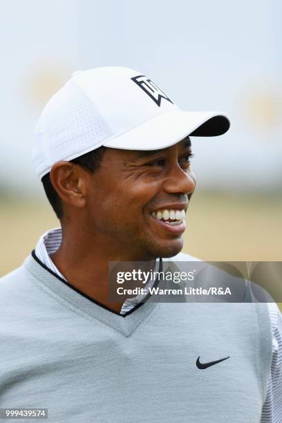 Tiger Woods of the United States practices on the driving range during previews to the 147th Open Championship at Carnoustie Golf Club on July 15,...