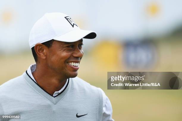 Tiger Woods of the United States practices on the driving range during previews to the 147th Open Championship at Carnoustie Golf Club on July 15,...