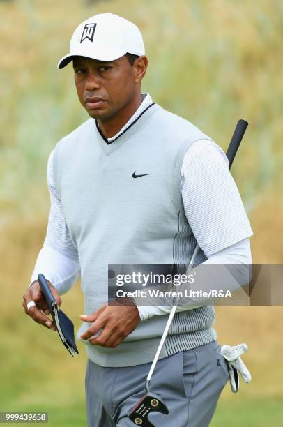 Tiger Woods of the United States seen while practicing during previews to the 147th Open Championship at Carnoustie Golf Club on July 15, 2018 in...