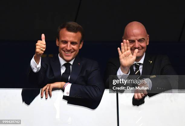 French President Emmanuel Macron and FIFA president Gianni Infantino are seen during the 2018 FIFA World Cup Final between France and Croatia at...