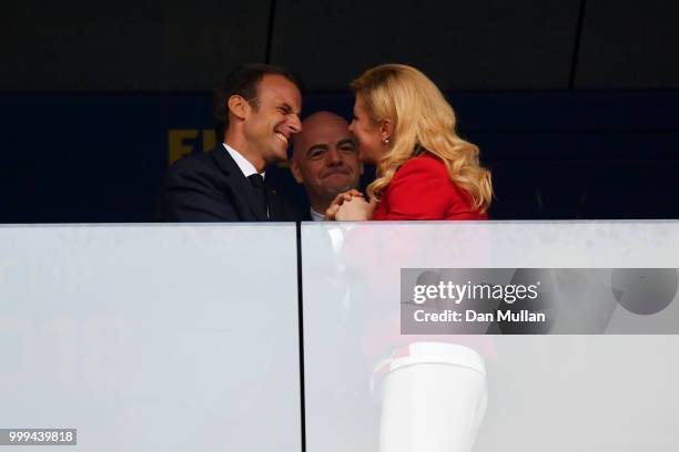 French President Emmanuel Macron and Croatia's President Kolinda Grabar-Kitarovic are seen during the 2018 FIFA World Cup Final between France and...