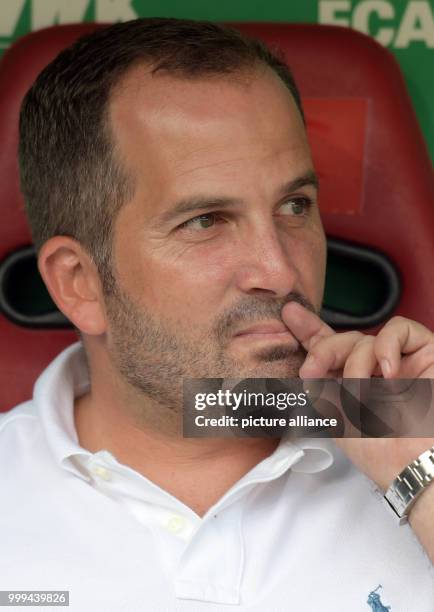 Augsburg's coach Manuel Baum, photographed during the Bundesliga soccer match between FC Augsburg and Borussia Moenchengladbach at the WWK Arena in...