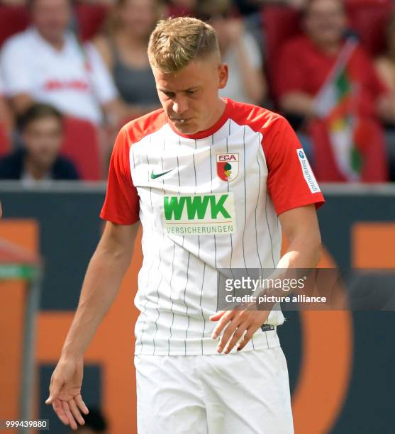 Augsburg's Alfred Finnbogason, photographed during the Bundesliga soccer match between FC Augsburg and Borussia Moenchengladbach at the WWK Arena in...
