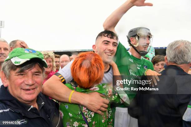 Thurles , Ireland - 15 July 2018; Cian Lynch, left, and Diarmaid Byrnes of Limerick with supporters after the GAA Hurling All-Ireland Senior...