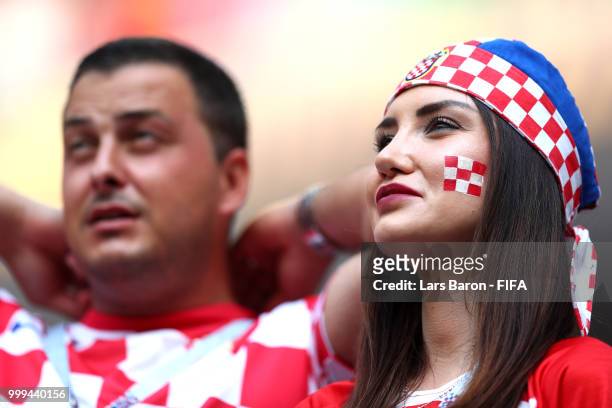 Croatia fans show their support during the 2018 FIFA World Cup Final between France and Croatia at Luzhniki Stadium on July 15, 2018 in Moscow,...