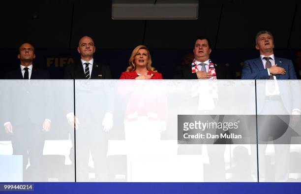 French President Emmanuel Macron, FIFA president Gianni Infantino and Croatia's President Kolinda Grabar-Kitarovic, Jakov Kitarovic and Croatian...