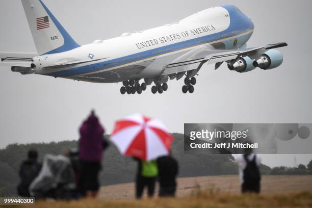 President, Donald Trump and First Lady, Melania Trump depart from Glasgow Prestwick Airport aboard Air Force One, following the U.S. President's...