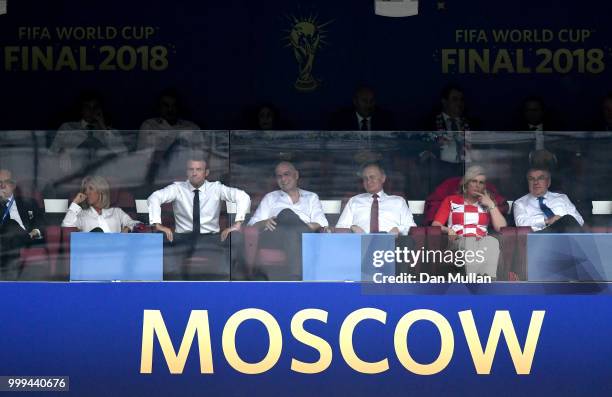 Brigitte Marcon, French President Emmanuel Macron, FIFA president Gianni Infantino, President of Russia Vladimir Putin and Croatia's President...