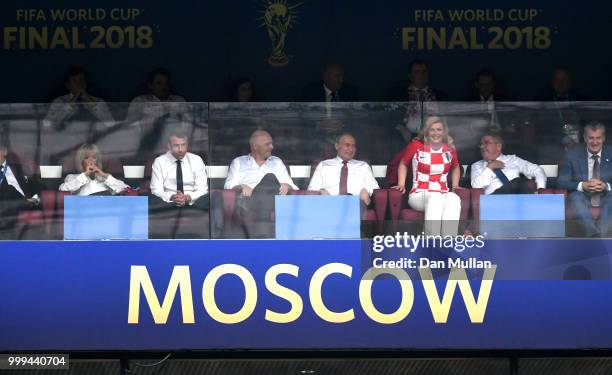 Brigitte Marcon, French President Emmanuel Macron, FIFA president Gianni Infantino, President of Russia Vladimir Putin and Croatia's President...