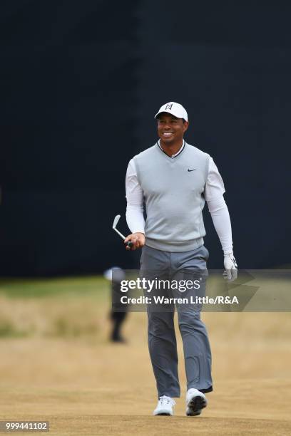 Tiger Woods of the United States seen on the 1st hole while practicing during previews to the 147th Open Championship at Carnoustie Golf Club on July...