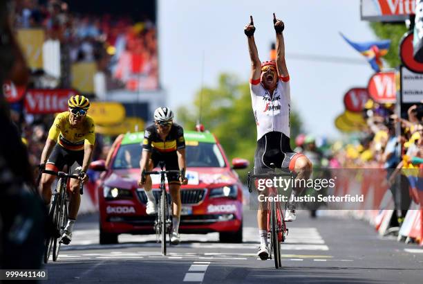 Arrival / John Degenkolb of Germany and Team Trek Segafredo / Celebration / Greg Van Avermaet of Belgium and BMC Racing Team Yellow Leader Jersey /...