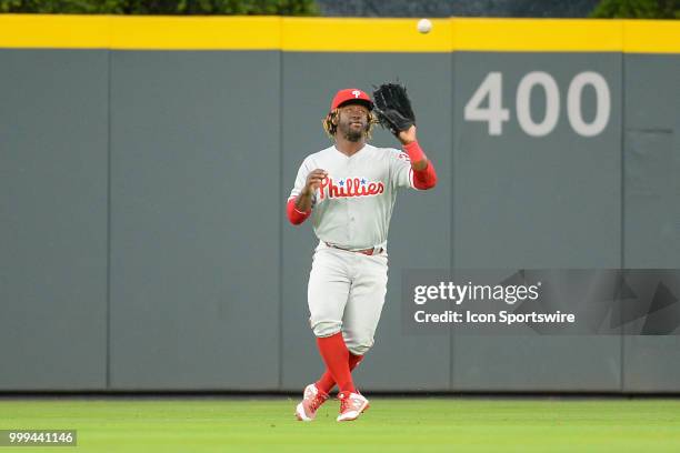 Phillies centerfielder Odubel Herrera catches a line drive during a game between the Braves and the Phillies on March 30, 2018 at SunTrust Park in...