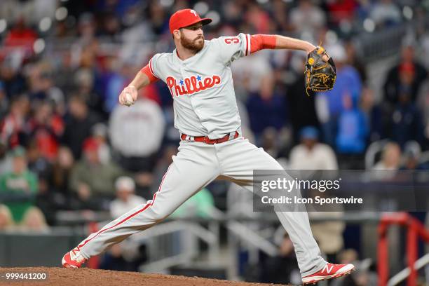 Phillies relief pitcher Drew Hutchinson delivers a pitch to the plate during a game between the Braves and the Phillies on March 30, 2018 at SunTrust...