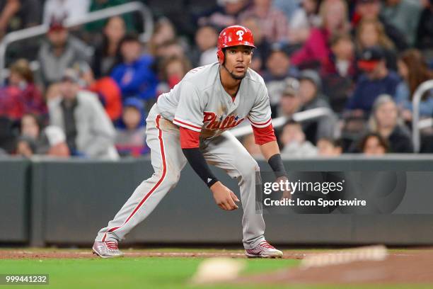 Phillies shortstop JP Crawford is ready to run the bases during a game between the Braves and the Phillies on March 30, 2018 at SunTrust Park in...