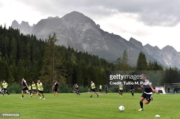Players of Palermo in action during a training session at the US Citta' di Palermo training camp on July 14, 2018 in Belluno, Italy.