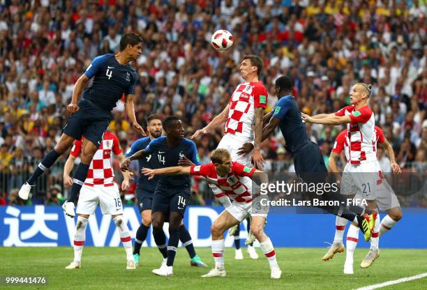 Mario Mandzukic of Croatia scores an own goal to put France in front 1-0 during the 2018 FIFA World Cup Final between France and Croatia at Luzhniki...