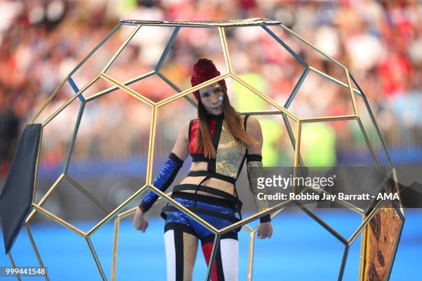 General View of a performer at the closing ceremony prior to the 2018 FIFA World Cup Russia Final between France and Croatia at Luzhniki Stadium on...