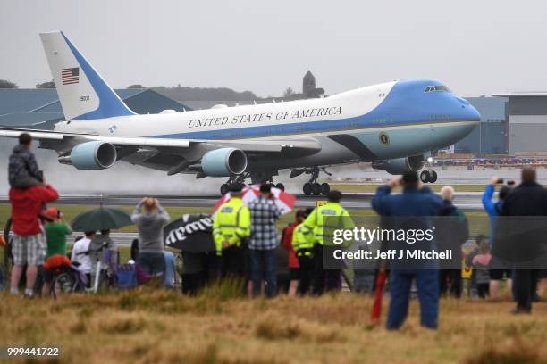 President, Donald Trump and First Lady, Melania Trump depart from Glasgow Prestwick Airport aboard Air Force One, following the U.S. President's...