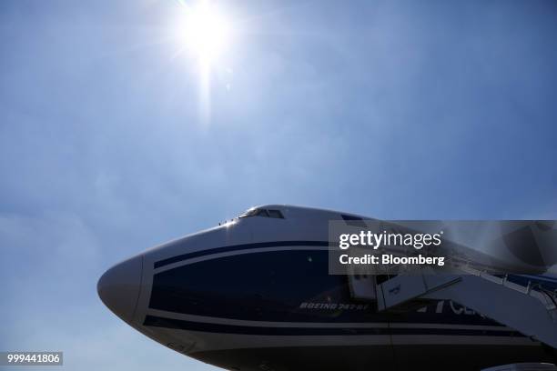 Boeing Co. 747 cargo aircraft operated by CargoLogicAir Ltd. Sits on the tarmac during preparations ahead of the Farnborough International Airshow...