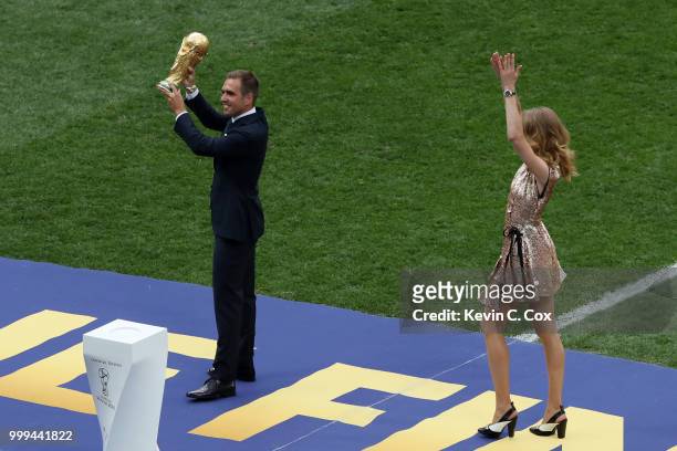 Former German International Footballer, Philipp Lahm and Philanthropist, Natalia Vodianova present the 2018 FIFA World Cup Original Trophy ahead of...