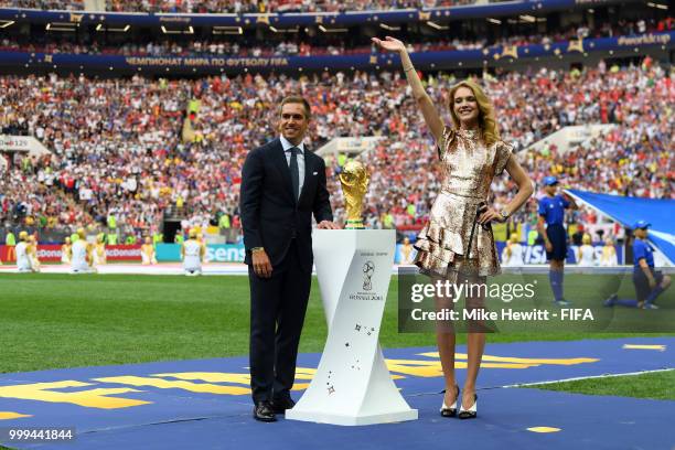 Former German International Footballer, Philipp Lahm and Philanthropist, Natalia Vodianova present the 2018 FIFA World Cup Original Trophy ahead of...