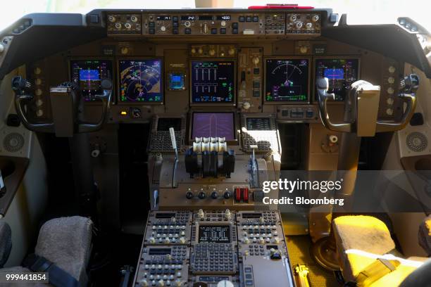 Instruments and controls sit in a Boeing Co. 747 cargo aircraft operated by CargoLogicAir Ltd. During preparations ahead of the Farnborough...