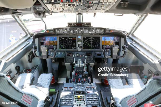 Instruments and controls sit in the cockpit of a Boeing Co. 737 Max 7 jetliner during preparations ahead of the Farnborough International Airshow...