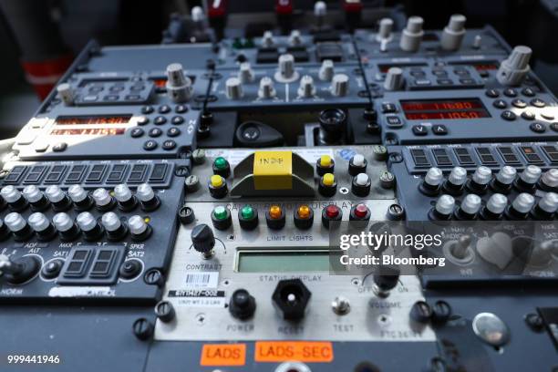 Instruments and controls sit in the cockpit of a Boeing Co. 737 Max 7 jetliner during preparations ahead of the Farnborough International Airshow...