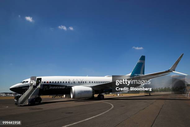Boeing Co. 737 Max 7 jetliner sits on the tarmac during preparations ahead of the Farnborough International Airshow 2018 in Farnborough, U.K., on...