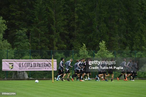 Players of Palermo in action during a training session at the US Citta' di Palermo training camp on July 15, 2018 in Belluno, Italy.