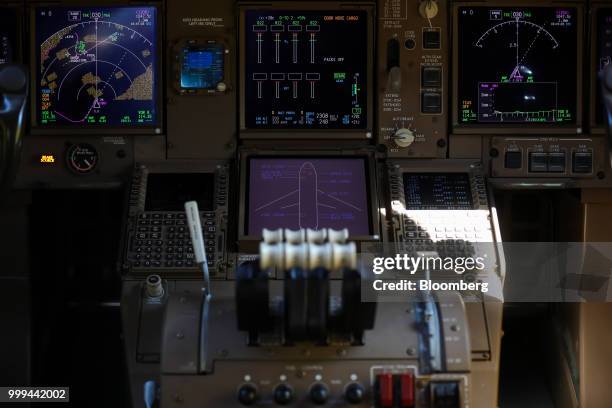 Instruments and controls sit in a Boeing Co. 747 cargo aircraft operated by CargoLogicAir Ltd. During preparations ahead of the Farnborough...