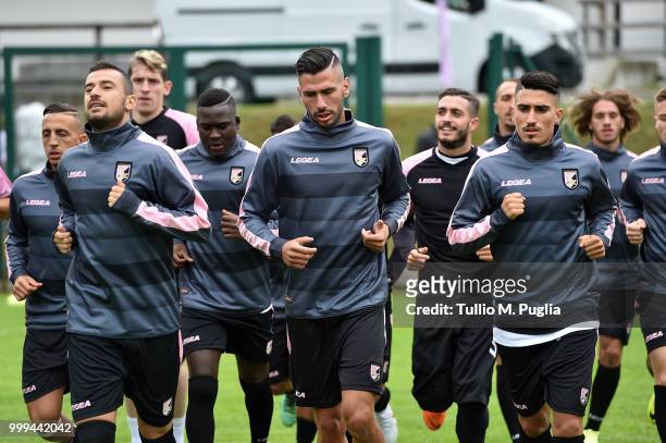 Players of Palermo in action during a training session at the US Citta' di Palermo training camp on July 15, 2018 in Belluno, Italy.