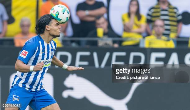 Berlin's Karim Rekik plays the ball with his head during the Bundesliga soccer match between Borussia Dortmund and Hertha BSC Berlin at the Signal...