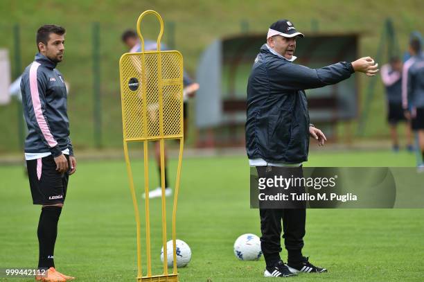 Head coach Bruno Tedinoleads a training session at the US Citta' di Palermo training camp on July 15, 2018 in Belluno, Italy.